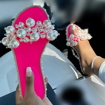 Naiste Pearl Crystal Sussid 2021 Naine Kanepi Slaidid Suvel Naiste Põhjuslik Korterid Ladies Jalatsid Naiste Rand Kingad Pluss Suurus