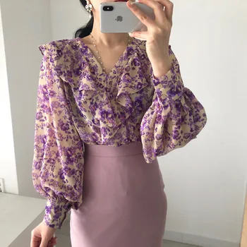 Välismaalase Kitty Purple Ruffles Šikk Daam Trükitud Lilled Naiste Streetwear Riietama Särgid 2021 Uus Kõrge Kvaliteet Kogu Võistluse Pluusid