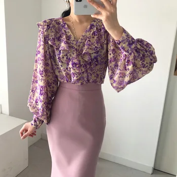 Välismaalase Kitty Purple Ruffles Šikk Daam Trükitud Lilled Naiste Streetwear Riietama Särgid 2021 Uus Kõrge Kvaliteet Kogu Võistluse Pluusid