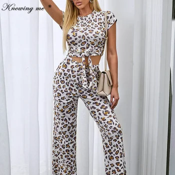 Naiste Sexy Crop top Leopard Printida tracksuit set Elegantne Suvel kikilips lühikese varrukaga pullover ja Täies pikkuses püksid 2tk komplekt 2XL