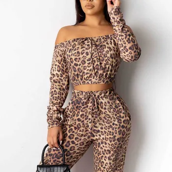 Naiste Sexy Crop top Leopard Printida tracksuit set Elegantne Suvel kikilips lühikese varrukaga pullover ja Täies pikkuses püksid 2tk komplekt 2XL