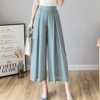 Korea Elegantne Mood 2021 Suvel Plisseeritud Lai Jalg Sifonki Püksid Naiste Culottes Püksid Kõrge Vöökoht Vabaaja Püksid Naistele