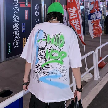 Aolamegs Harajuku Tshirt Mehed Anime Hip-Hop Poiss Graffiti T-särk High Street Streetwear Lühikese Varrukaga Topid Mõõdus Hubane Tee Särk