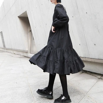 [EAM] Naiste Must Nöör Ruffles Õmblema Mini Kleit Uus V-Kaelus Pikk Varrukas Loose Fit Mood Tõusulaine Kevad Sügis 2021 1Z186