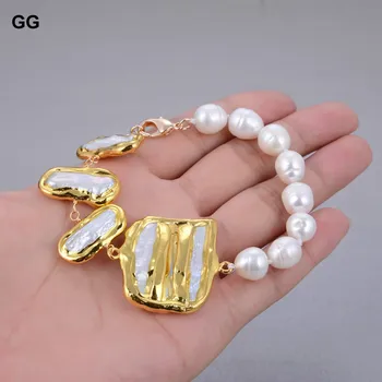 GuaiGuai Ehted Looduslik Valge Biwa Pearl Pistik Kultiveeritud Valge Riis Pearl Kulla Värvi Kroomitud Kett Käevõru 8
