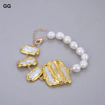 GuaiGuai Ehted Looduslik Valge Biwa Pearl Pistik Kultiveeritud Valge Riis Pearl Kulla Värvi Kroomitud Kett Käevõru 8