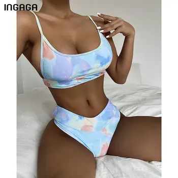 INGAGA Push Up Bikinis Naiste Ujumistrikood Seksikas Supelpüksid Kõrge Vöökoht Biquini Lipsu Värvi trikoo 2021 Uus Kõrge Lõigatud Bikiinid Komplekti
