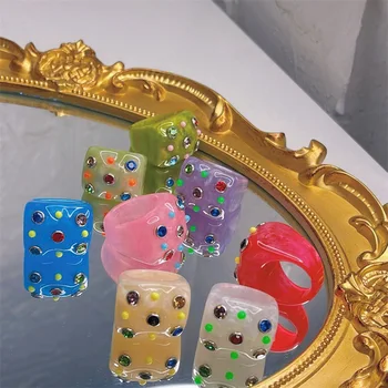 Korea Võlusid Candy Värvi Crystal Rõngad Naiste Vintage Geomeetriline Cute DIY Vaik Rõngad Y2K Ehted Fashion 90s Esteetiline