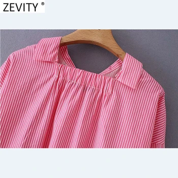 Zevity 2021 Uus Naiste Mood Topelt Krae Triibuline Printimine Vabaaja Smock Pluus Office Daamid Särgid Stiilne Retro Blusas Tops LS7570