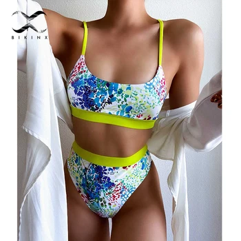 Seksikas prindi bikinis 2020 mujer Bandeau push up naiste ujumistrikoo Neoon roheline segast supelrõivad Kõrge vöökoht trikoo Beach kanda