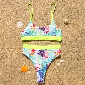Seksikas prindi bikinis 2020 mujer Bandeau push up naiste ujumistrikoo Neoon roheline segast supelrõivad Kõrge vöökoht trikoo Beach kanda