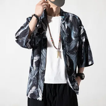 Meeste Suvel Kimono Jakk Prindi Samurai Kostüüm Riided Mees Yukata Haori Vabaaja Ülerõivad Cosplay Streetwear Pluss Suurus 5XL