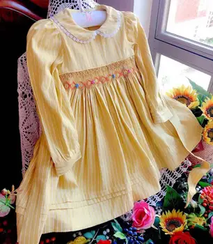 Beebi tüdrukud dress lill smocked käsitsi valmistatud puuvill peter pan krae lapsed pikk varrukas laste peincess kleit