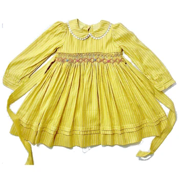 Beebi tüdrukud dress lill smocked käsitsi valmistatud puuvill peter pan krae lapsed pikk varrukas laste peincess kleit