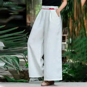 Naiste Suvine Elegantsed Püksid ZANZEA 2021 Tahke Lai Jalg Püksid Elastne Vöökoht Pikk Pantalon Palazzo Tahke Naeris Liiga S-