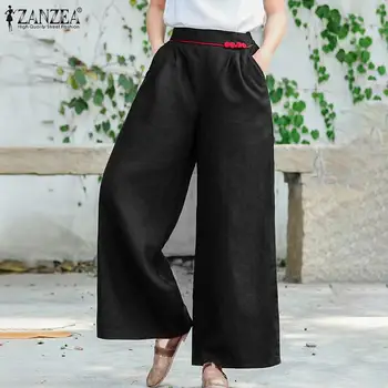 Naiste Suvine Elegantsed Püksid ZANZEA 2021 Tahke Lai Jalg Püksid Elastne Vöökoht Pikk Pantalon Palazzo Tahke Naeris Liiga S-