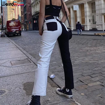 Imelik Puss Y2K Puuvill Naiste Kõrge Vöökoht Püksid Sirge Must&Valge Segast Teksad Vintage Fashion Streetwear Õhuke Denim Püksid