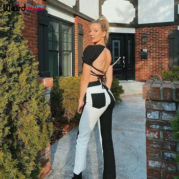 Imelik Puss Y2K Puuvill Naiste Kõrge Vöökoht Püksid Sirge Must&Valge Segast Teksad Vintage Fashion Streetwear Õhuke Denim Püksid