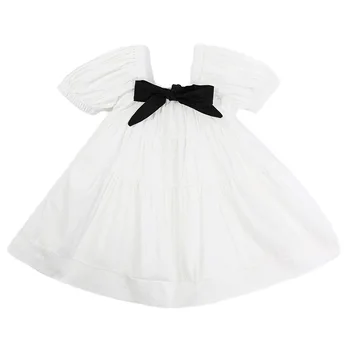 HYLKIDHUOSE 2021 Suvel Tüdrukud Dress Laste Valge Printsess Kleit Square Krae Bowknot Kleit Juhuslik Lapsed Puhkus Rõivad