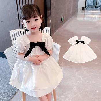HYLKIDHUOSE 2021 Suvel Tüdrukud Dress Laste Valge Printsess Kleit Square Krae Bowknot Kleit Juhuslik Lapsed Puhkus Rõivad