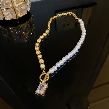 Korea Fashion Uus Pearl Crystal Võlu Kett Õmblemine Lühike Choker Kaelakee Ehted Naiste 2021 Pool