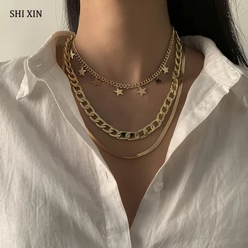 SHIXIN 3tk Paks Link Madu Chian Kaelakee Komplekt Naiste Mood Multi Layer Tähed Choker Kaelakee Ketid Kaela Kaelakee 2021