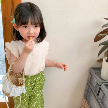 2021 Suvel Uus Korea Stiilis Beebi Tüdrukute Puuvillased, Linased Pluusid Varrukateta Ruched Tops Pure Color Kids Särgid
