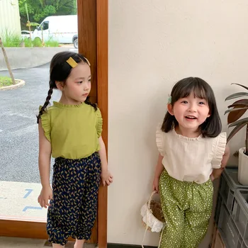 2021 Suvel Uus Korea Stiilis Beebi Tüdrukute Puuvillased, Linased Pluusid Varrukateta Ruched Tops Pure Color Kids Särgid
