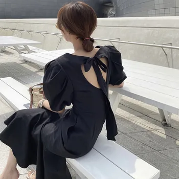 Korea Vintage Elegantne Tahke Naiste Fishtail Kleit 2021 Suve Mood Daamid Slim Backless Lühikesed Puhvis Varrukad Kleidid One-Piece