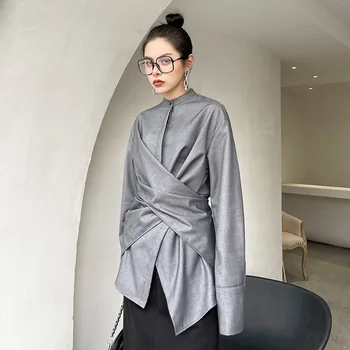 2021 Uus Korea Fashion Naiste Särk Turn-down) Krae Rist-Kõrge Vöökoht Slim-Top Naine Chop Top Naine