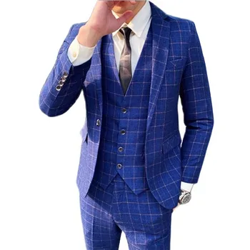 2021 Uute Tulijate Mehed Business Casual Õhuke Ruuduline Ülikond Sobib Jope Mantel Mees Kvaliteetseid Pulm 3 Tükki Set Mieletön Pant Vest