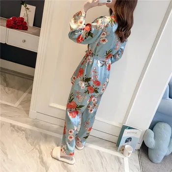 2019 Kuuluvad 3 Tk Naiste Pidžaama Seab Rüü Püksid Seksikas Pyjama Nightgowns Satiin Lill Printida Nightwear Silk Homewear Sleepwear