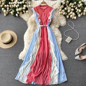 Sifonki kleit naiste suvine kleit 2021 uue disaini mõttes värvi sobitamise ruffled slim pikka plisseeritud seelik puhkus