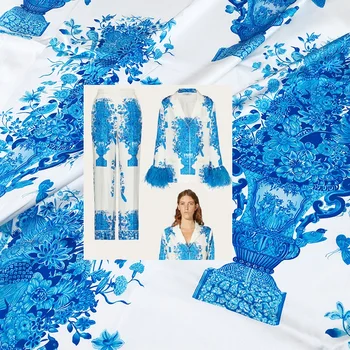 Suvel Euroopa sinine vaas lille imitatsioon silk venitada satiin naiste riided kangast disainer riie riiet, mille hoovis