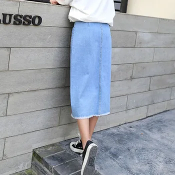Korea Fashion Valge Denim Seelik Naistele Suvel 2021 Kõrge Vöökoht Taskud Tutt Midi Seelik Elegantne Vintage Põhjad Faldas Mujer