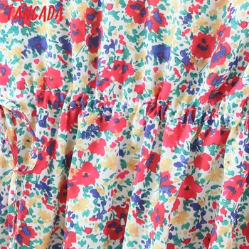 Tangada 2021 Naiste Lilled Plisseeritud Kleit O-Kaelus Pikk Varrukas Daamid Vintage Mini Kleit Vestidos SL541