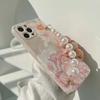 Õlimaal lilled Pearl käevõru telefon case for iphone 11 12 mini pro max 7 8 plus xs max xr x nahast ripats kate