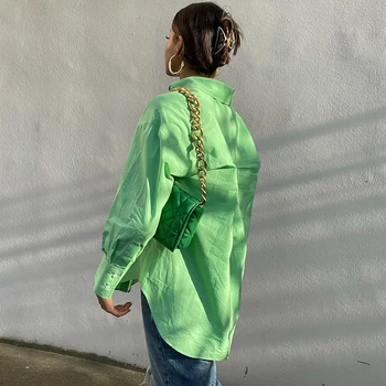 Elegantne Tahke Roheline Nuppude Up Pluus Shits Ülepaisutatud Särk Naistele 2021 Lahe Stiil Holiday Fashion Särgid Naiste Pikk Top