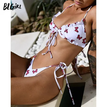 BLG Ujumistrikoo Naistele 2 Tükki trikoo Thong Sexy Bikini Supelpüksid Brasiilia Bandeau Ujumistrikoo Cupshe Liblikas Prindi Sidemega