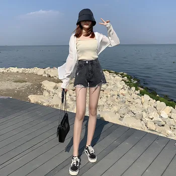 2021 teksad naise suvel korea versiooni uue suure-waisted õhuke lahti ja ripped raw-serv lai jalg püksid naistele