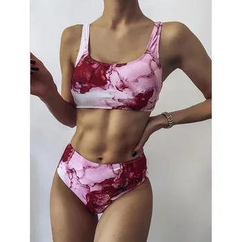 2021 Uus Prindi Sport Bandeau Push up Bikinis Seksikas Marmor Naiste Ujumistrikoo Kõrge Vöökoht Supelrõivad Naiste trikoo Beach kanda