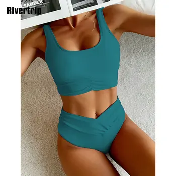 Rivertrip Push-Up Bikiinid 2021 Seksikas Supelpüksid Naiste Ujumistrikoo Kõrge Vöökoht Ujumispüksid Ruched Beachwear Tahke Bikinis, Suvel Uus