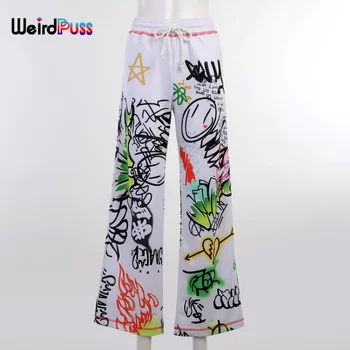 Imelik Puss Graffiti Prindi Hip-Hop Püksid Naiste Sidemega Kottis Kõrge Vöökoht Pikad Püksid Puuvilla Streetwear Vabaaja Sweatpants Põhjad