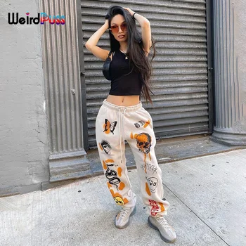 Imelik Puss Graffiti Prindi Hip-Hop Püksid Naiste Sidemega Kottis Kõrge Vöökoht Pikad Püksid Puuvilla Streetwear Vabaaja Sweatpants Põhjad