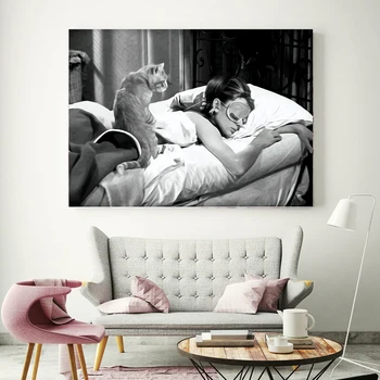 Lõuend Maali Must ja Valge Pildid Audrey Hepburn Kass, Plakat Seina Art Movie Vintage eest Magamistuba Home Decor