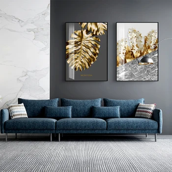 Põhjamaade Kuldne Abstraktse Leaf Lill Lõuendile Maali Must-Valged Suled Plakat ja Pildid Seina Art Pilt elutuba Decor