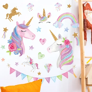 Lapsed ruum 3d, ükssarvik seina kleebis kodu kaunistamiseks liim cartoon lill hobune vikerkaar seinast, seinamaal baby laste kingitus