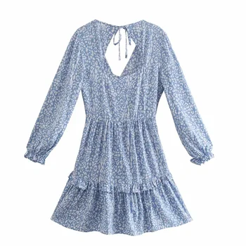 LVWOMN Za Suvine Kleit 2021 Elegantne Sinine Print Mini Kleit Naine Ruffle Pikad Varrukad Päitsed Lühike Naiste Riietus Casual Kleidid