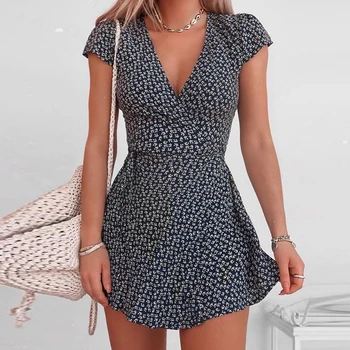 Uus Suvine Kleit 2021 V-Kaeluse Joon Pool Elegantne Kleit Seksikas Õie Printida Mini-Kleidid Naistele Vabaaja Kleit Beach Stiil