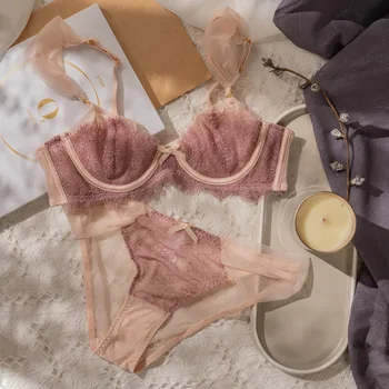 Romantiline seksikas õhuke rinnahoidja komplekt pits õõnes läbipaistev rinnahoidja, daamid mugav pehme aluspesu komplekt